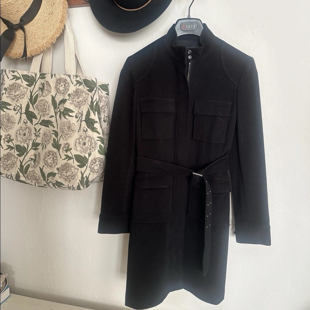 Elie TAHARI Long Military Style Belted Black Coat